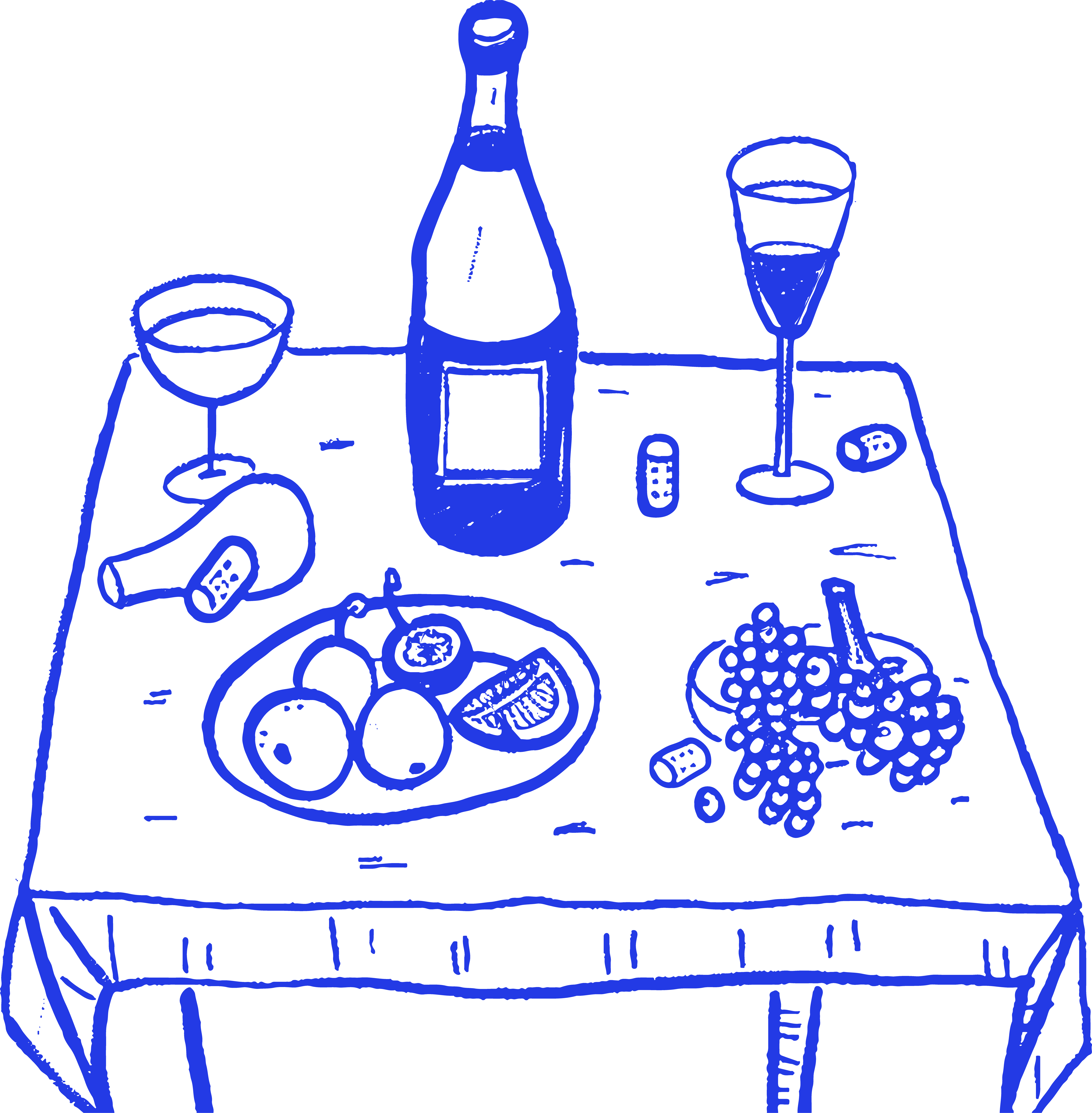 Illustration of pasta and wine on a table